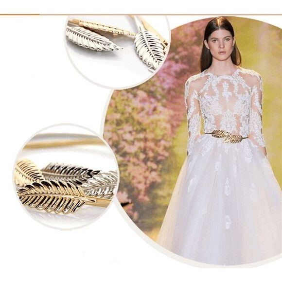 ✨🍃 Leaf Buckle Stretchy Elastic Greek Goddess Gold Silver Metal Dress Belt NEW - Picture 9 of 16